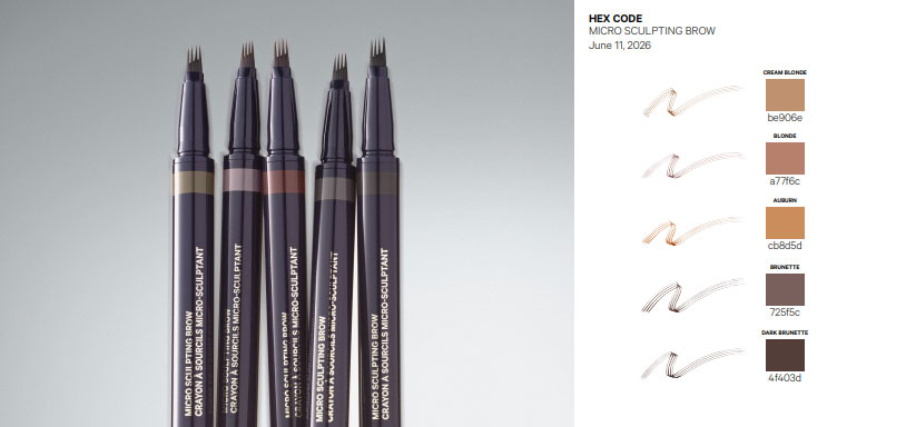 Micro Sculpting Brow Pen available in five natural shades with matching color swatches for blonde, auburn, brunette, and dark brunette brows.